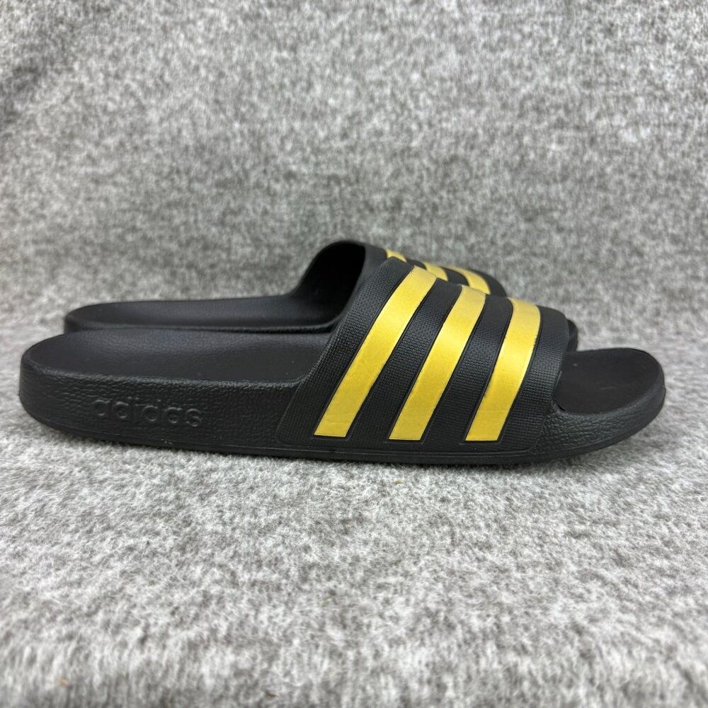 ✅Mens 14 Adidas Adilette Comfort Slides Sandals Lightweight Black/Gold 3-Stripe - Picture 7 of 13